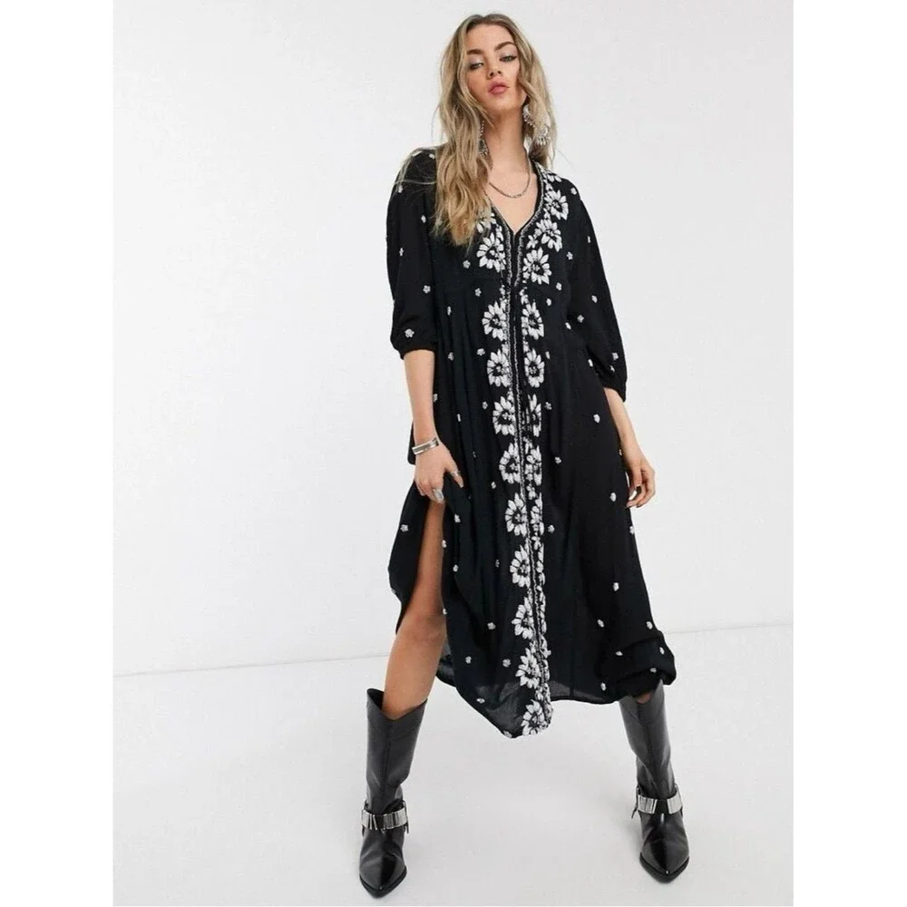 Free People Fable Embroidered V-Neck Midi Dress Sz M Boho Cottagecore Romantic